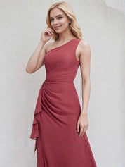 Desert Rose Chiffon A Line One Shoulder Sleeveless Floor Length Bridesmaid Dress