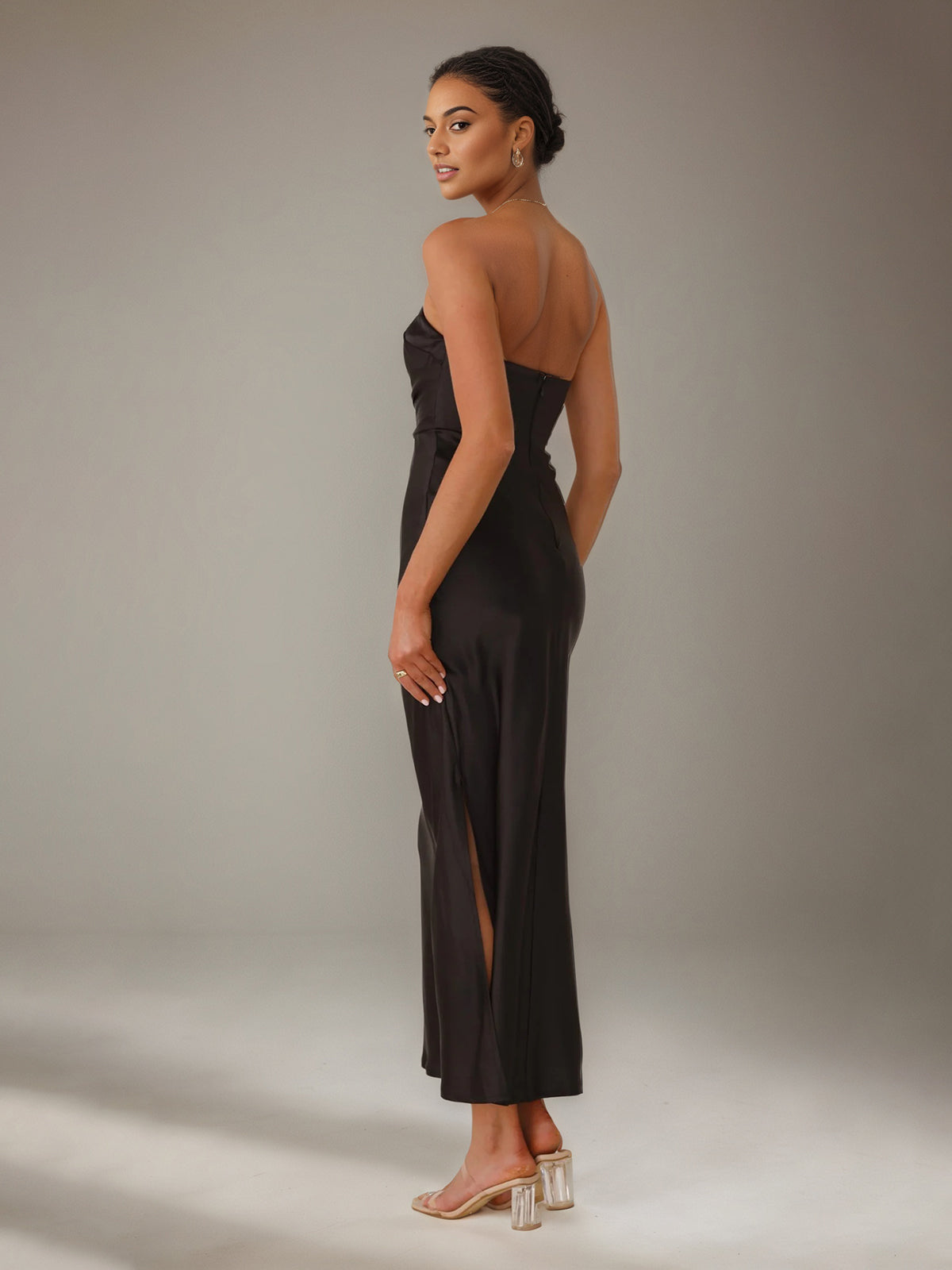 Black Satin Sheath/Column V Neck Ankle Length Bridesmaid Dresses