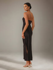 Black Satin Sheath/Column V Neck Ankle Length Bridesmaid Dresses