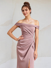 A Line Mauve Satin Off the Shoulder Sleeveless Floor Length Dress With Slit