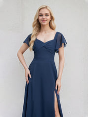 Navy Blue Chiffon A Line V Neck Short Sleeves Floor Length Bridesmaid Dress