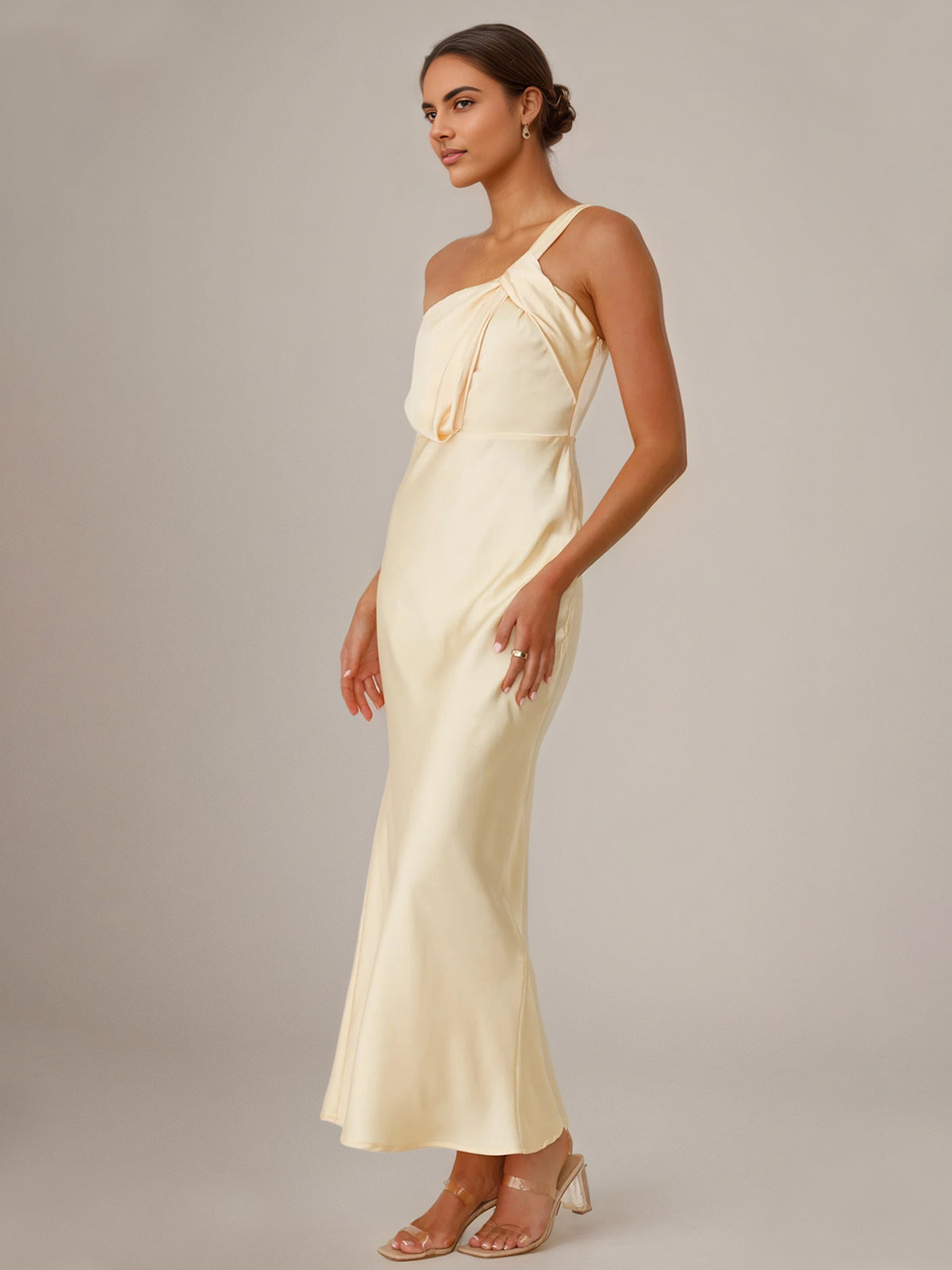 Yellow Satin Sheath/Column One Shoulder Ankle Length Bridesmaid Dresses