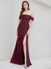 Cabernet Chiffon A Line Off the Shoulder Floor Length Bridesmaid Dress With Slit