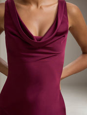 Burgundy Satin Sheath/Column Cowl Neck Sleeveless Floor Length Dress