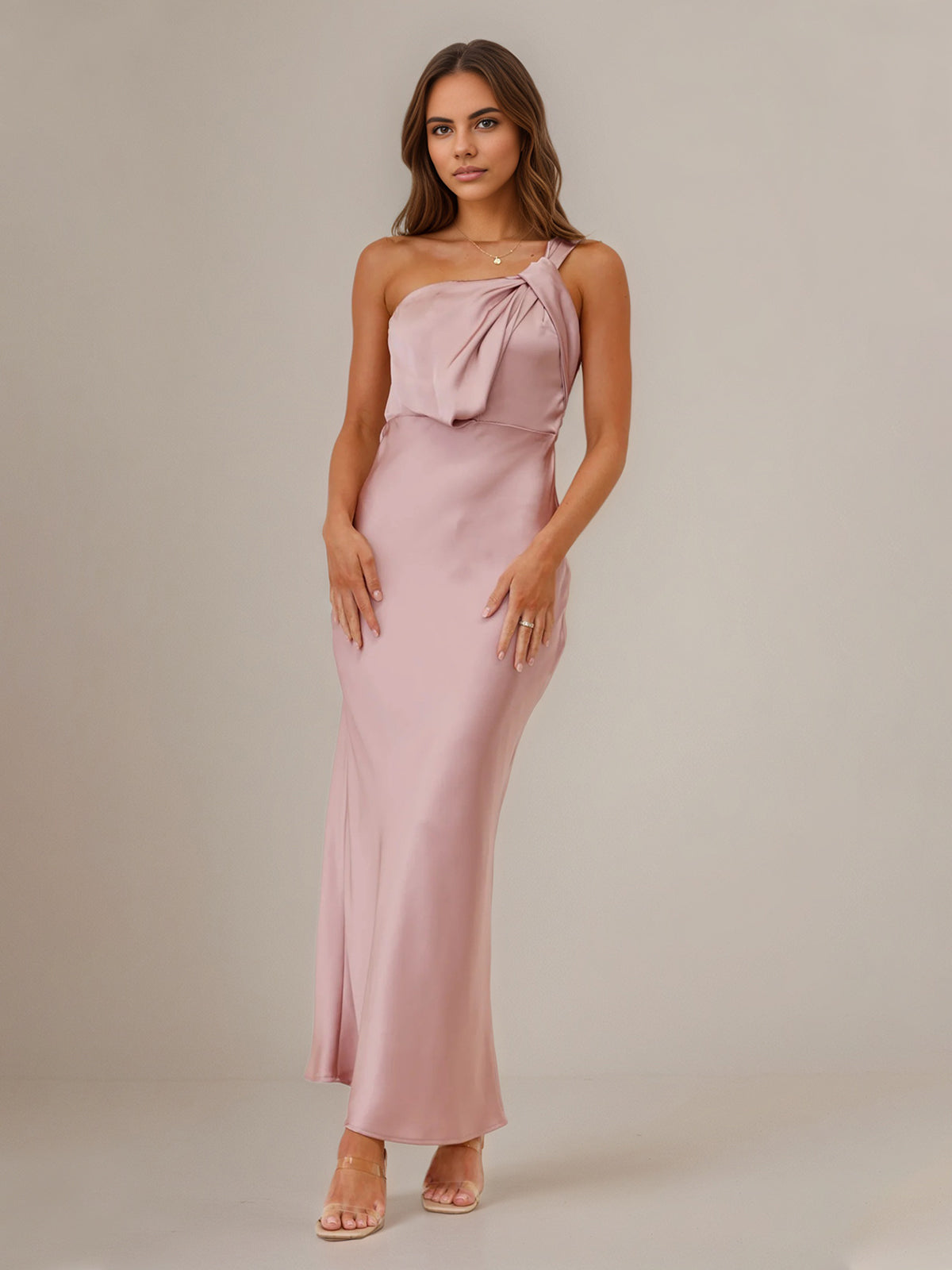 Dusty Rose Satin Sheath/Column One Shoulder Sleeveless Ankle Length Bridesmaid Dress