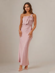 Dusty Rose Satin Sheath/Column One Shoulder Sleeveless Ankle Length Bridesmaid Dress