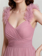 Pink Tulle A Line V Neck Sleeveless Pleated Floor Length Bridesmaid Dress