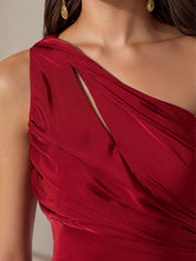 Wine Red A Line One Shoulder Satin Ankle Length Dress