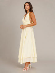 Lemon Chiffon A Line Halter Neck Sleeveless Ankle Length Bridesmaid Dress