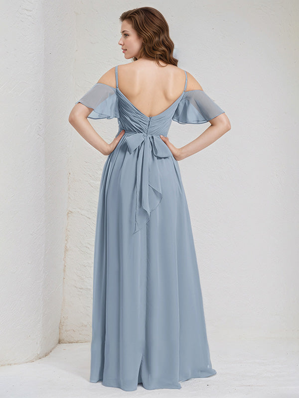 Dusty Blue Chiffon A Line Spaghetti Straps Ruffle Sleeves Floor Length Bridesmaid Dress