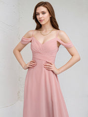 Blush Chiffon A Line Spaghetti Straps Cold Shoulder Floor Length Bridesmaid Dress