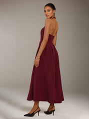 Wine Stretch Crepe A Line Halter Neck Sleeveless Ankle Length Bridesmaid Dresses