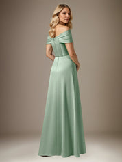 Mist Blue A Line Satin Off The Shoulder Sleeveless Floor Length Dress