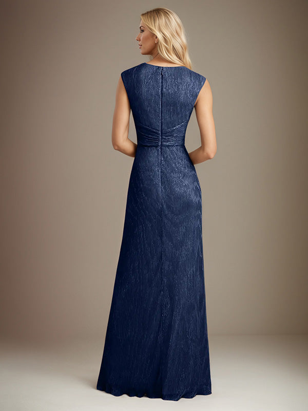 Dark Navy A Line Chiffon V Neck Sleeveless Floor Length Dress With High Slit