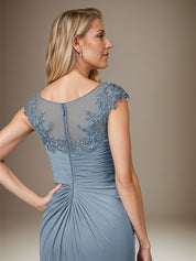 Dusty Blue Sheath/Column Chiffon Boat Neck Short Sleeves Floor Length Dress With Slit