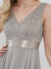 Silver Chiffon A Line V Neck Sleeveless Asymmetrical Bridesmaid Dress With Appliques