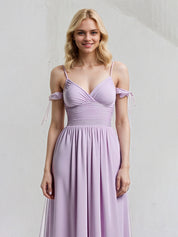 Lilac A Line Chiffon Spaghetti Straps Sleeveless Floor Length Dress With Bow
