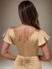 Champagne Trumpet/Mermaid Satin V Neck Short Sleeves Floor Length Dress With Slit