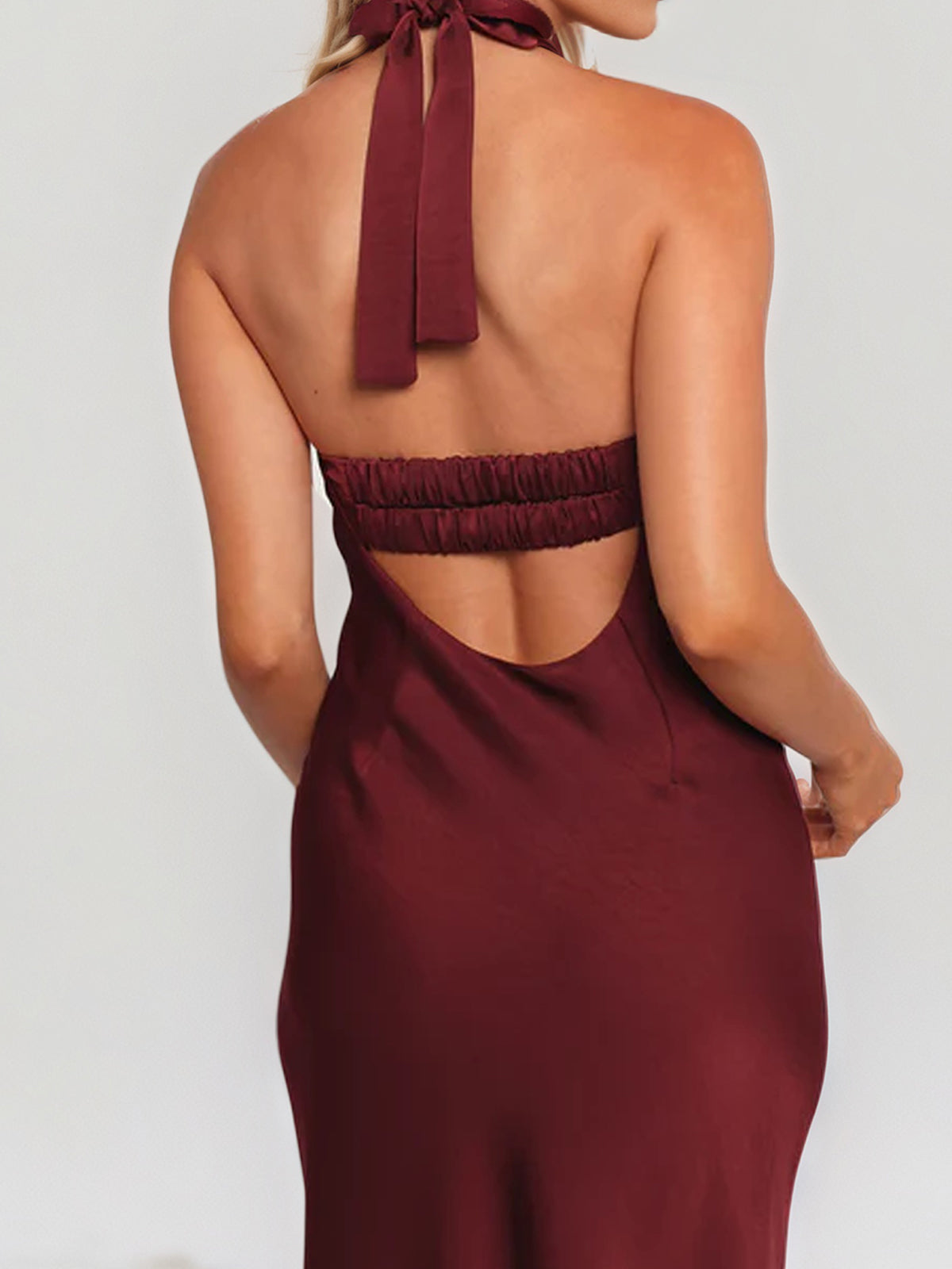 Plum Satin Sheath/Column Halter Neck Sleeveless Ankle Length Bridesmaid Dresses