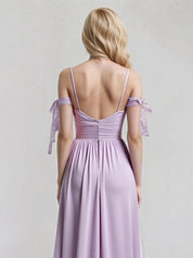 Lilac A Line Chiffon Spaghetti Straps Sleeveless Floor Length Dress With Bow