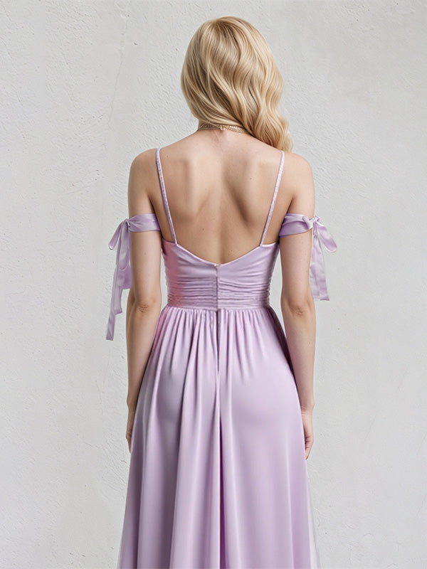 Lilac A Line Chiffon Spaghetti Straps Sleeveless Floor Length Dress With Bow
