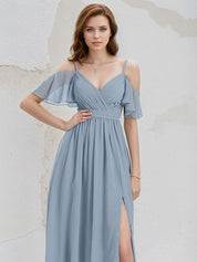 Dusty Blue Chiffon A Line Spaghetti Straps Ruffle Sleeves Floor Length Bridesmaid Dress