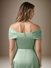 Mist Blue A Line Satin Off The Shoulder Sleeveless Floor Length Dress