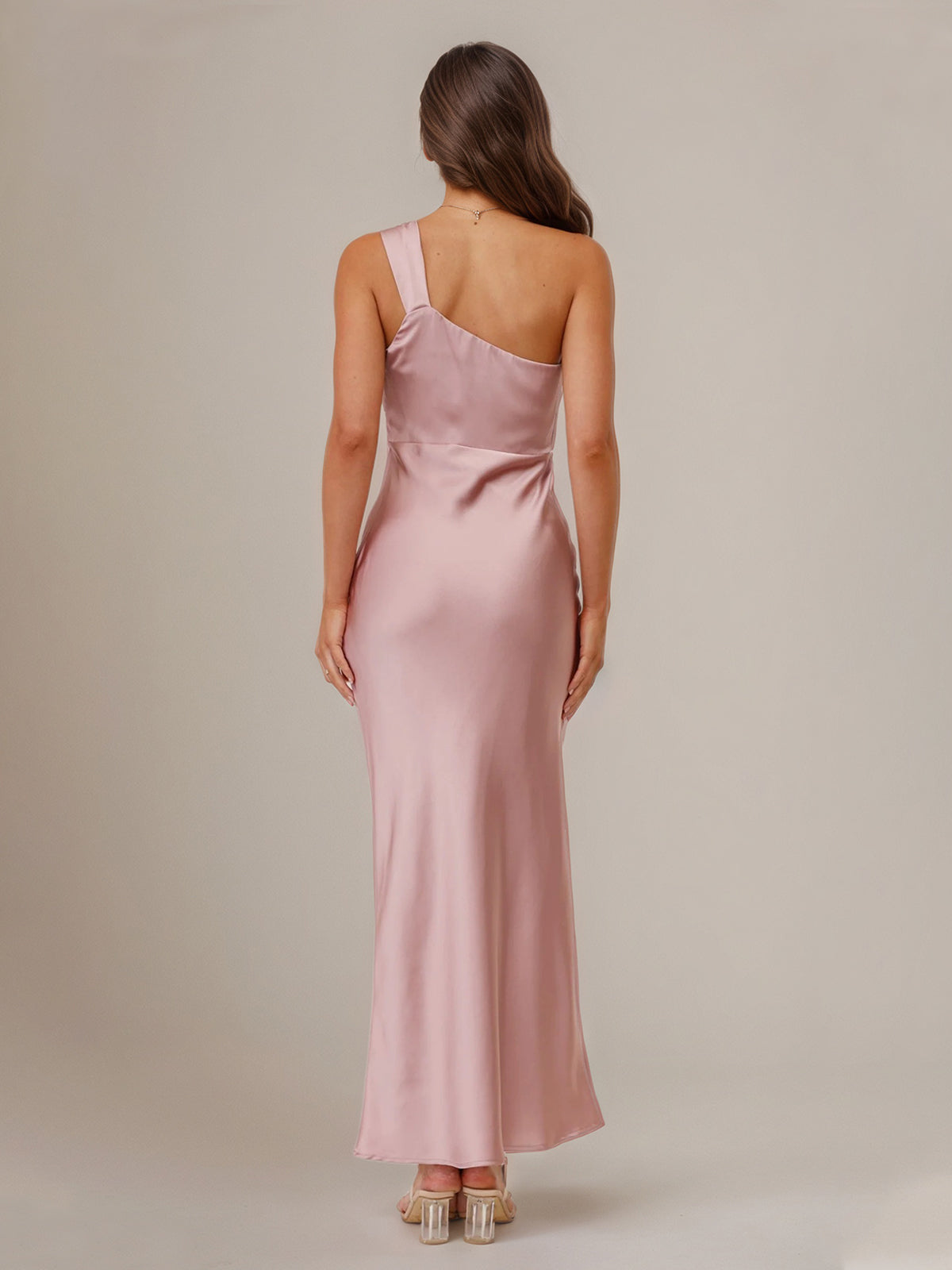 Dusty Rose Satin Sheath/Column One Shoulder Sleeveless Ankle Length Bridesmaid Dress