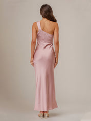 Dusty Rose Satin Sheath/Column One Shoulder Sleeveless Ankle Length Bridesmaid Dress