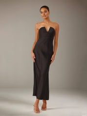 Black Satin Sheath/Column V Neck Ankle Length Bridesmaid Dresses