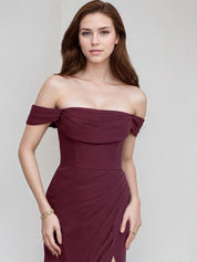 Cabernet Chiffon A Line Off the Shoulder Floor Length Bridesmaid Dress With Slit