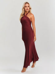 Plum Satin Sheath/Column Halter Neck Sleeveless Ankle Length Bridesmaid Dresses