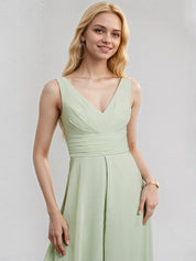 Celadon Chiffon Jumpsuit/Pantsuit V Neck Sleeveless Floor Length Bridesmaid Dress