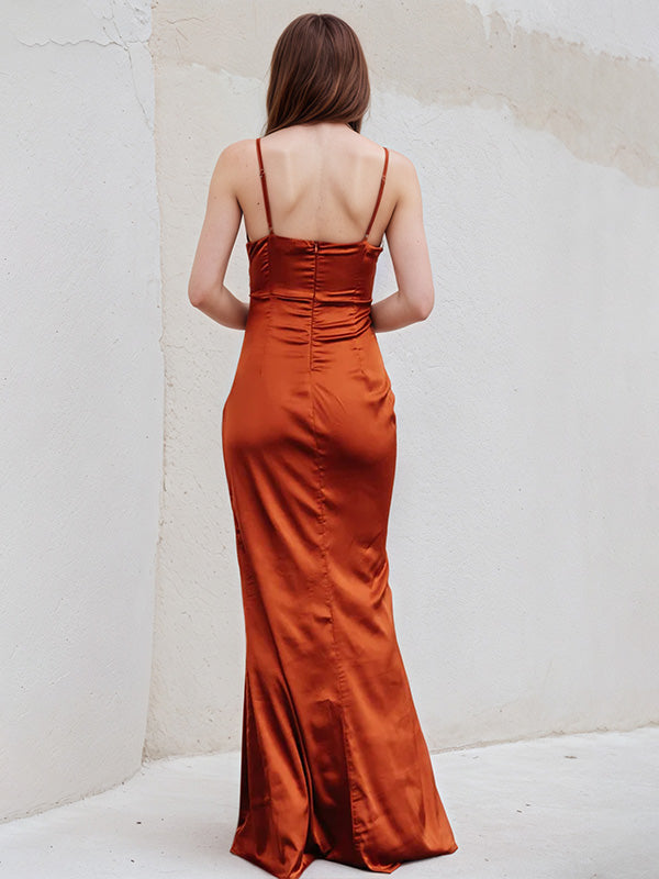 Rust Sheath/Column Satin Spaghetti Straps Sleeveless Floor Length Dress