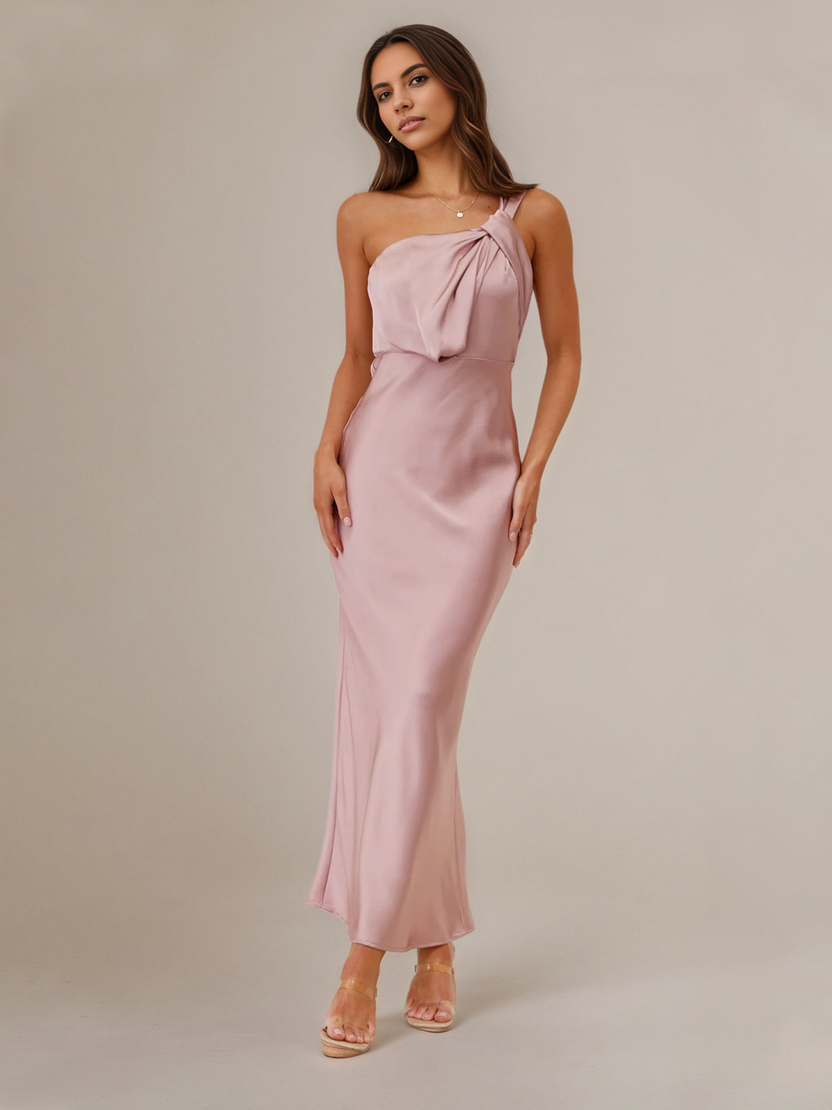 Dusty Rose Satin Sheath/Column One Shoulder Sleeveless Ankle Length Bridesmaid Dress
