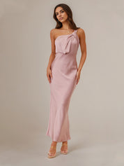 Dusty Rose Satin Sheath/Column One Shoulder Sleeveless Ankle Length Bridesmaid Dress