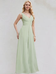 Celadon Chiffon Jumpsuit/Pantsuit V Neck Sleeveless Floor Length Bridesmaid Dress