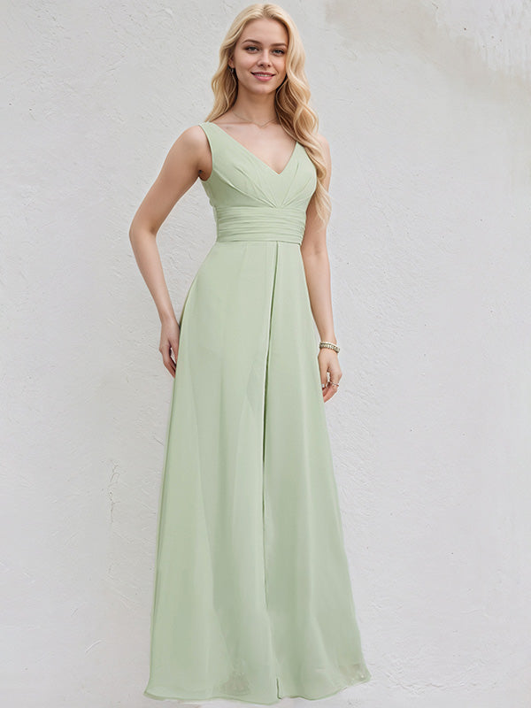 Celadon Chiffon Jumpsuit/Pantsuit V Neck Sleeveless Floor Length Bridesmaid Dress