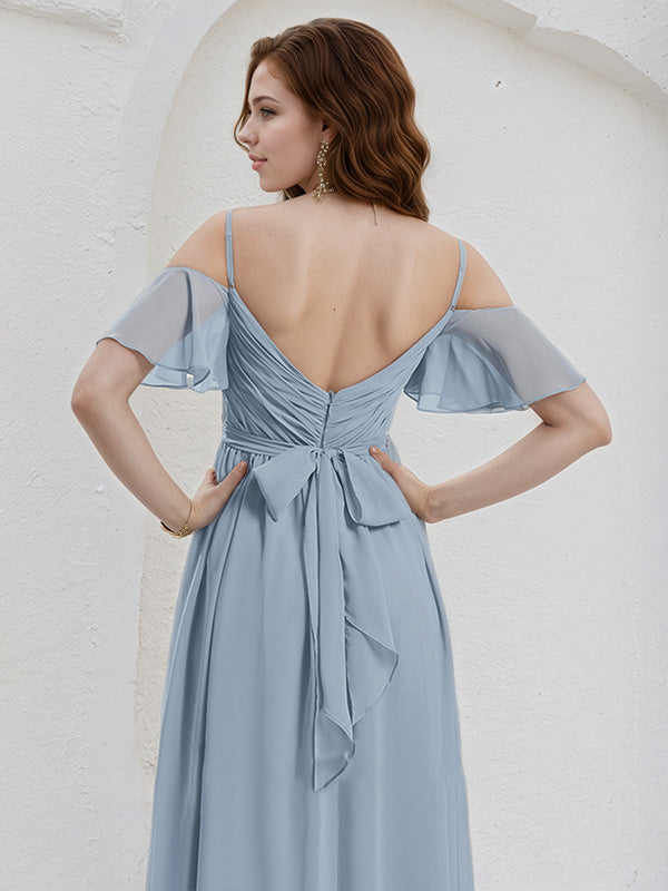 Dusty Blue Chiffon A Line Spaghetti Straps Ruffle Sleeves Floor Length Bridesmaid Dress