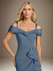 Steel Blue Trumpet/Mermaid Stretch Crepe Off The Shoulder Sleeveless Floor Length Dress