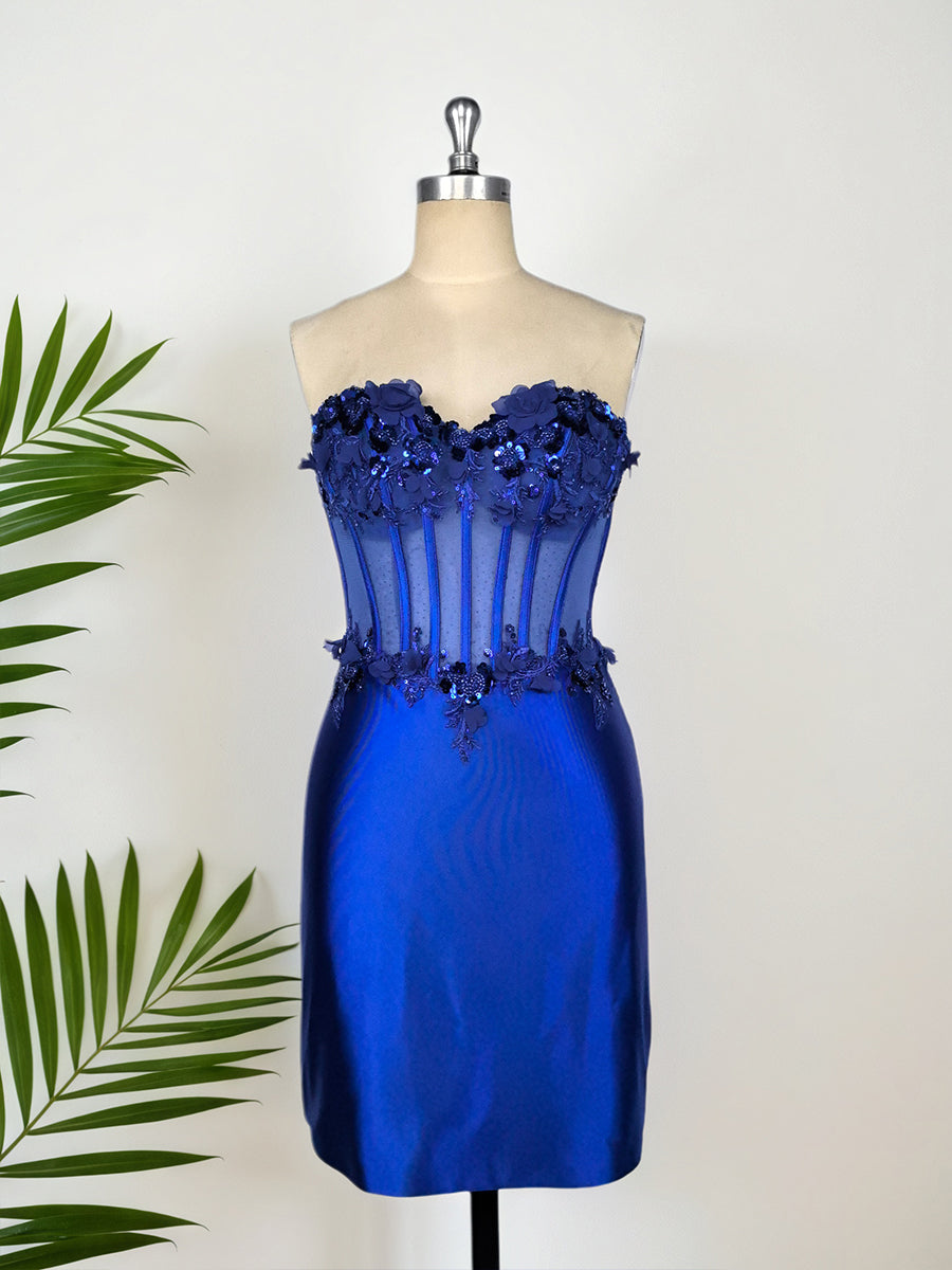 Bodycon Strapless Satin Short Homecoming Dress with Appliqeus