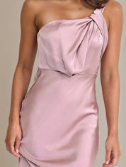 Dusty Rose Satin Sheath/Column One Shoulder Sleeveless Ankle Length Bridesmaid Dress