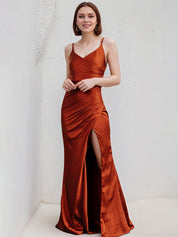 Rust Sheath/Column Satin Spaghetti Straps Sleeveless Floor Length Dress