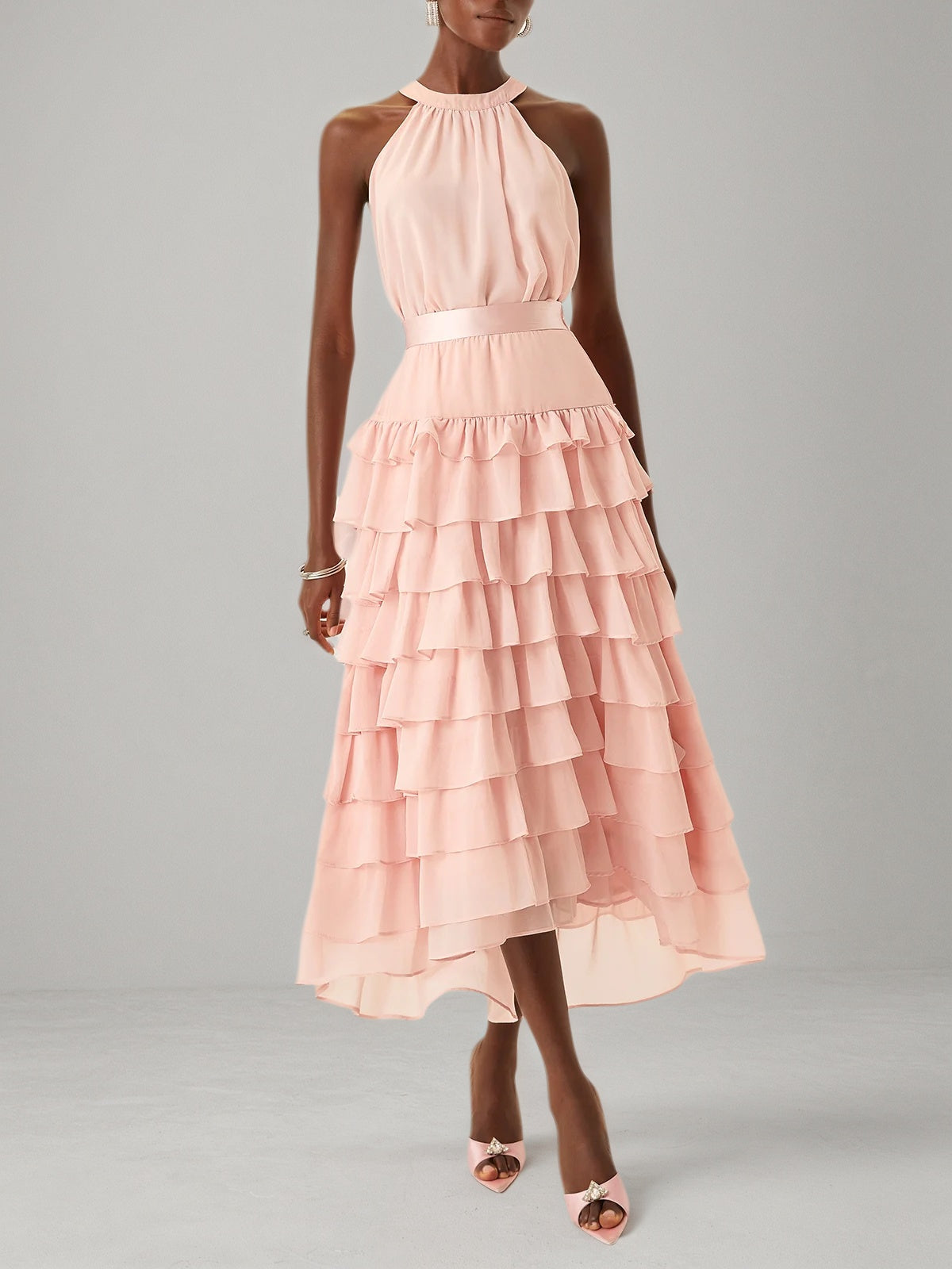 Dreamylily Women Pink Peplum Tiered Chiffon Halter Sleeveless A-Line Maxi  Two-piece Dress