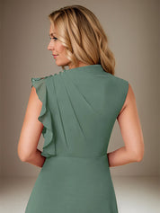 Eucalyptus A Line Chiffon High Neck Sleeveless Floor Length Dress With Cascading Ruffles