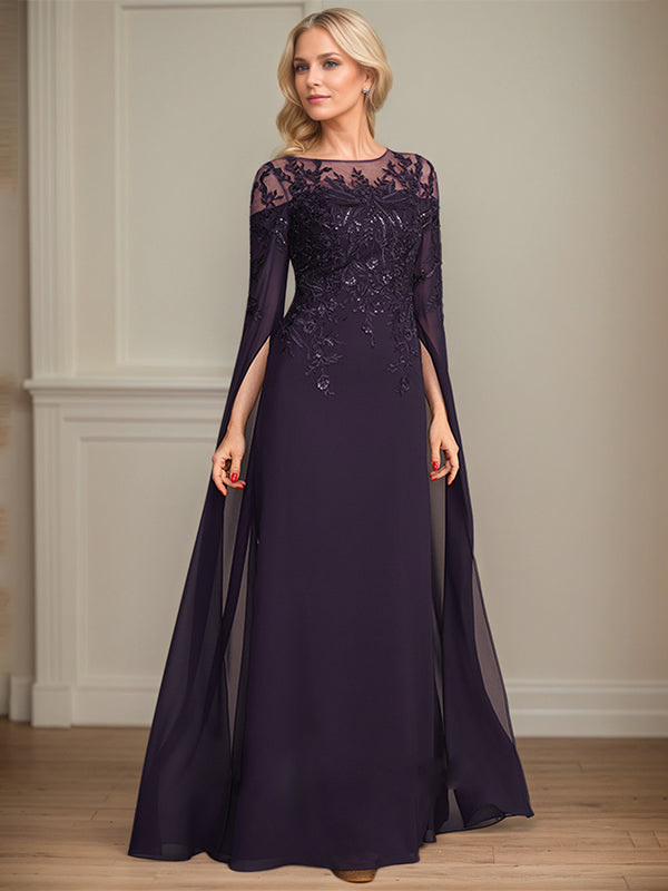 Sheath/Column Scoop 1/2 Sleeve Floor-Length Lace Chiffon Mother of the Bride Dress With Sequins