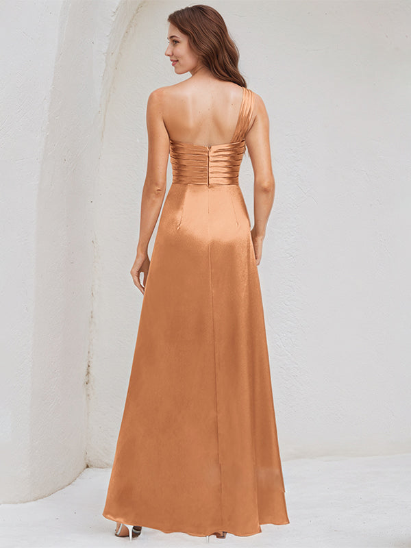 A Line Satin One Shoulder Sleeveless Floor Length Dress With Slit