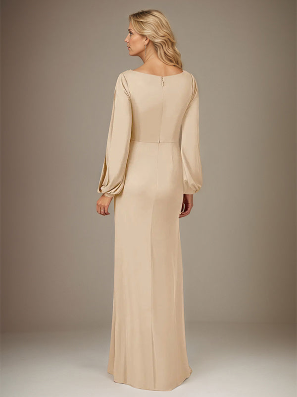 Champagne A Line Chiffon Round Neck Long Sleeves Floor Length Dress