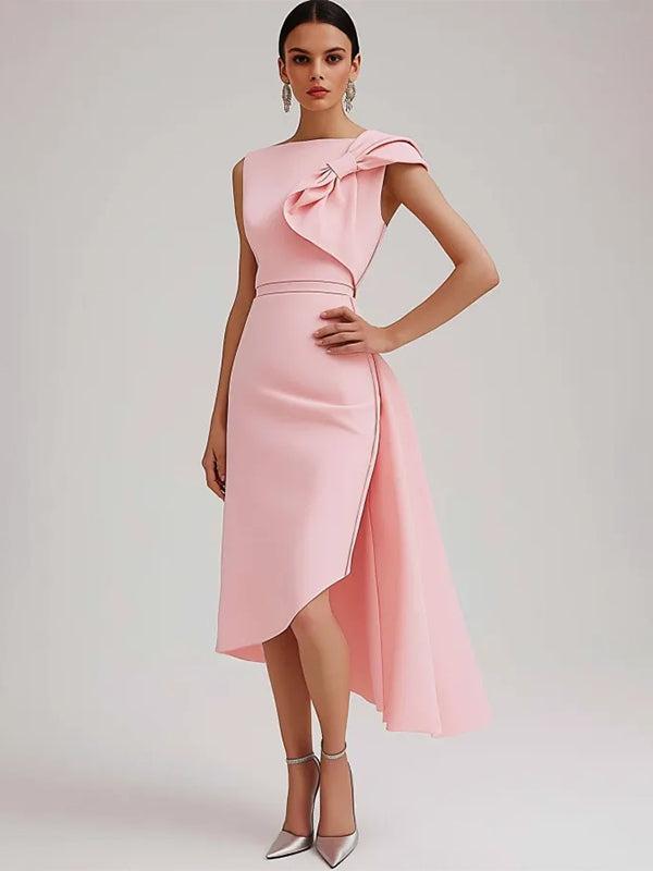 Wedding Guest Semi-Formal Dress Pink Sleeveless Bow Asymmetrical Midi Dreamylily Wedding Guest Semi-Formal Dress Pink Sleeveless Bow Asymmetrical Midi Dreamylily