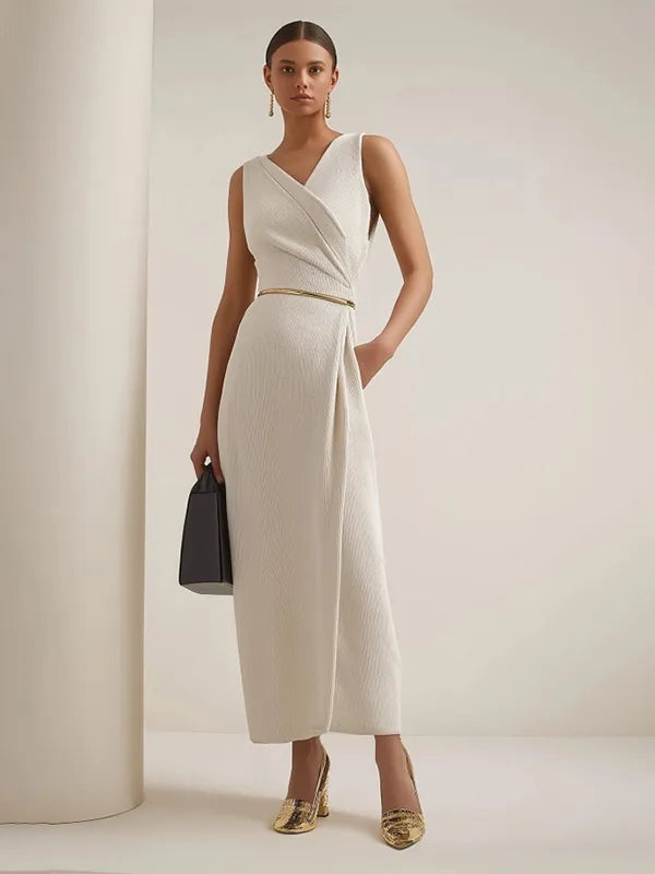 Work Semi-Formal Dress Beige V-Neck Sleeveless Pocketed Maxi Dress Dreamylily Work Semi-Formal Dress Beige V-Neck Sleeveless Pocketed Maxi Dress Dreamylily